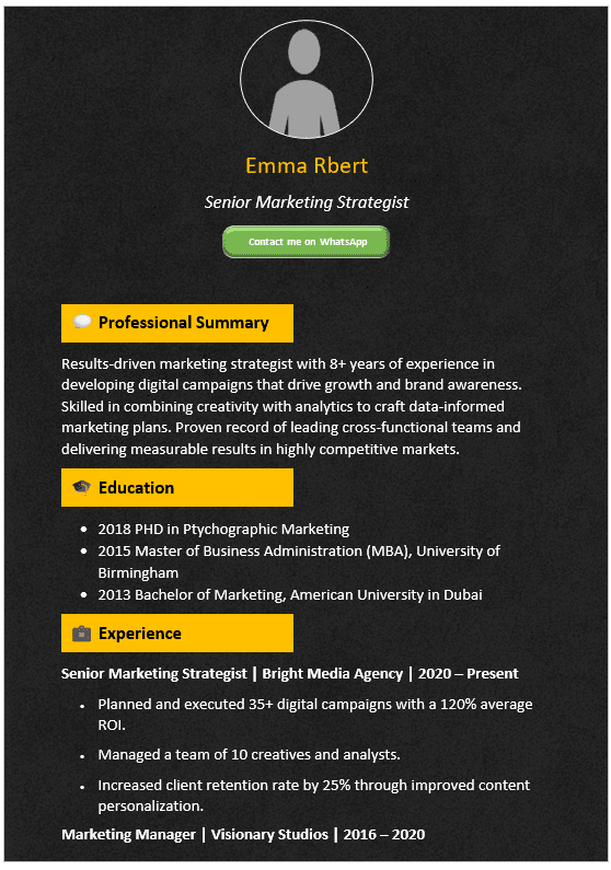 Golden Bottoms & Black Background CV Template (Mobile + Desktop Versions)