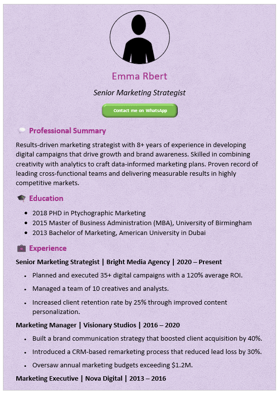 Marble Violet Background CV Template (Mobile + Desktop Versions)