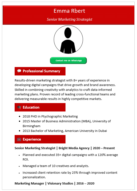 Red Header & Bottoms Red CV Template (Mobile + Desktop Versions)