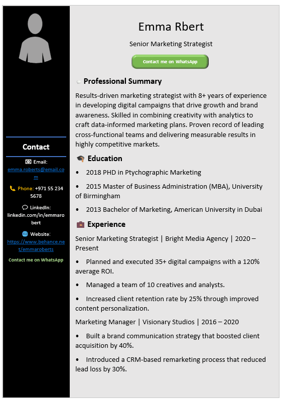 Two-Columns Gray and Black CV Template (Mobile + Desktop Versions)