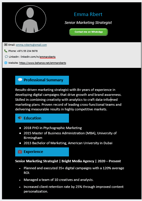 Blue Bottoms – Black Background CV Template (Mobile + Desktop Versions)