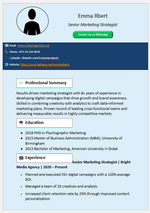 Bottoms White & Blue Banner CV Template (Mobile + Desktop Versions)