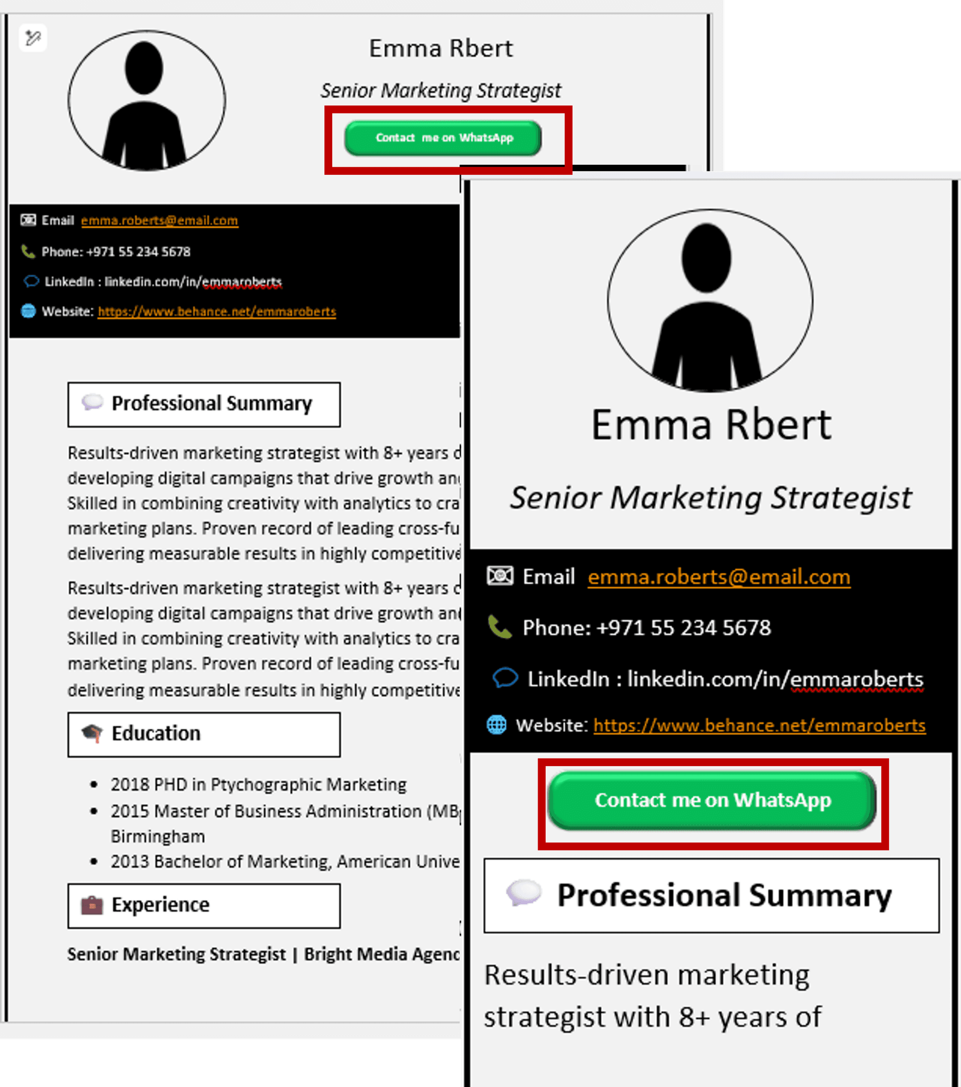 WhatsApp button inside a MobileDocs CV template