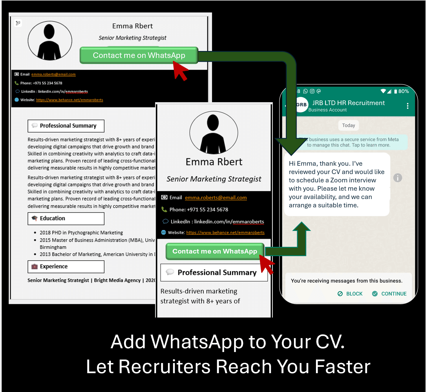 WhatsApp button inside a MobileDocs CV template